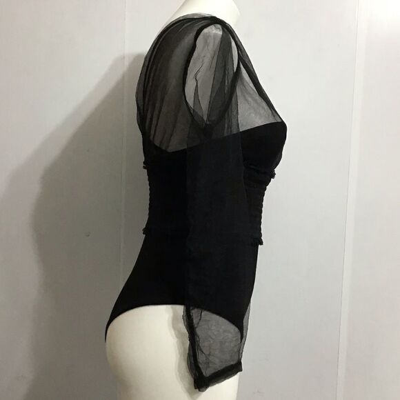 NBD Black Mesh Long Sleeve Bodysuit Sheer Mesh Corset Top Size Small - Picture 2 of 13
